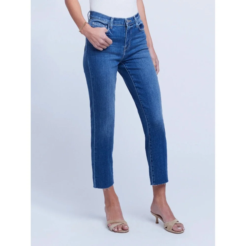 L'AGENCE Sada Cropped Slim Straight Jeans in Toledo Blue 24 French Girl Off Duty